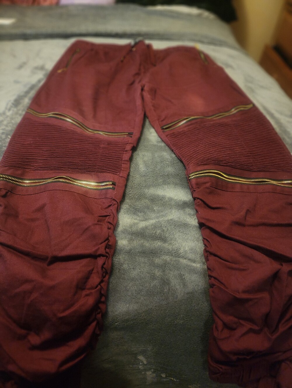 Men's Burgundy Moto Jogger Sweatpants with Zip Accents